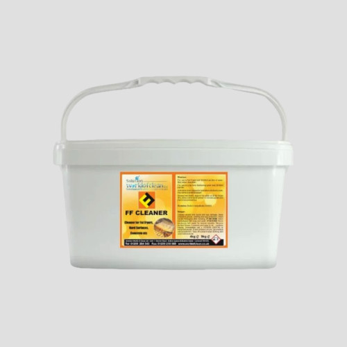 a 10kg tub of solution's ff cleaner on a grey background