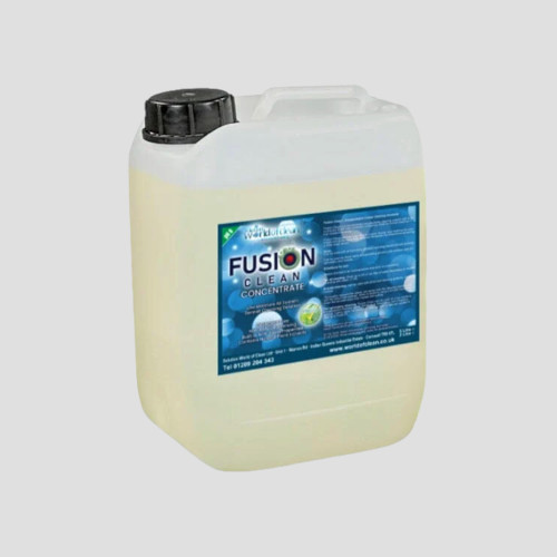 a 5-litre container of fusion clean on a grey background