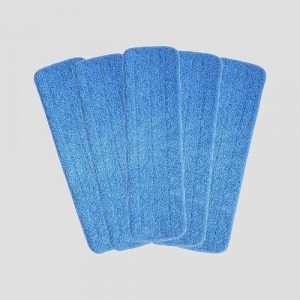 a pack of five blue microfiber mop heads on a grey background