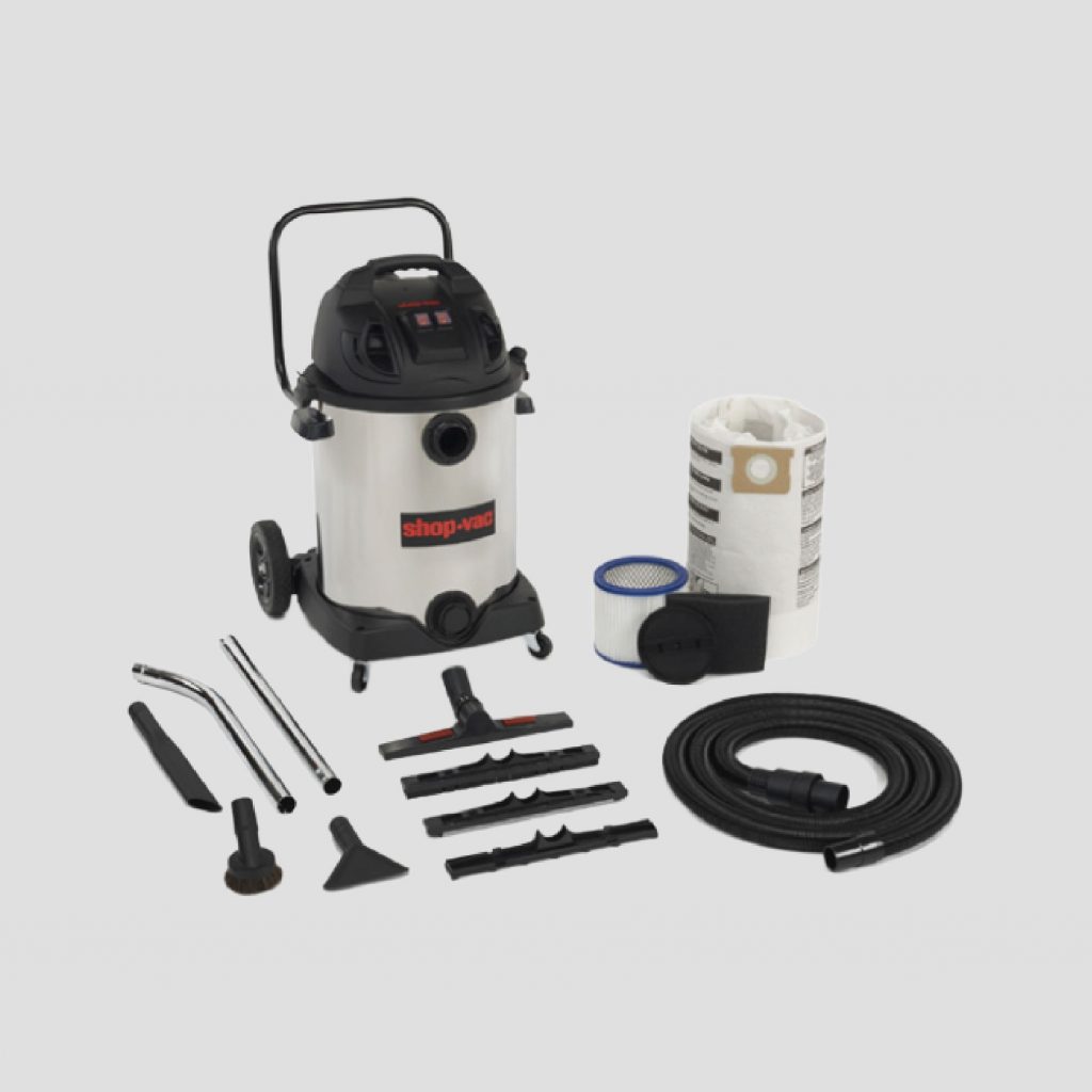 a 60-litre stainless steel wet/dry shop-vac vacuum cleaner and accessories on a grey background