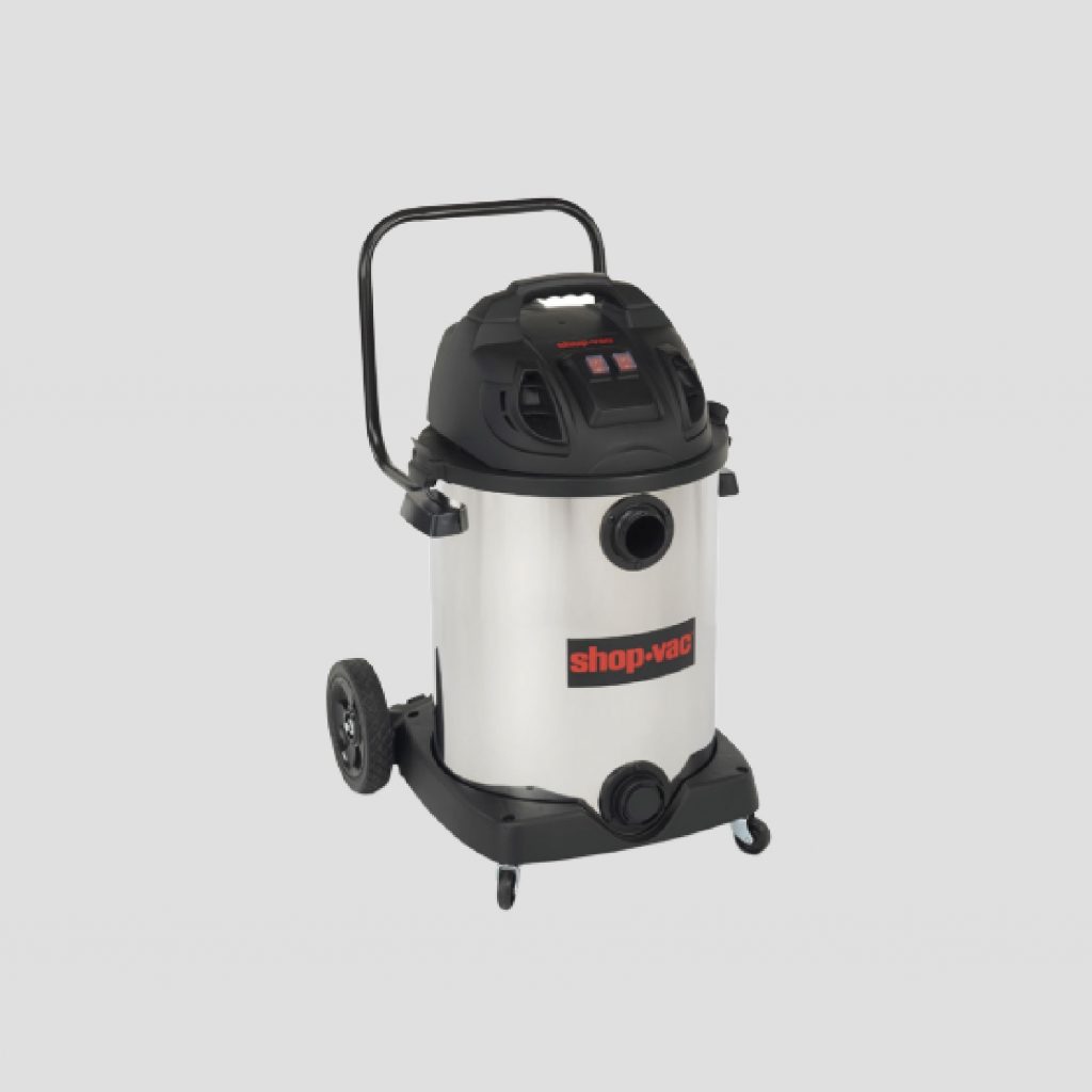 a 60-litre stainless steel shop-vac vaccum cleaner on a grey background
