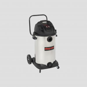 an 80-litre stainless steel shop vac vacuum cleaner on a grey background