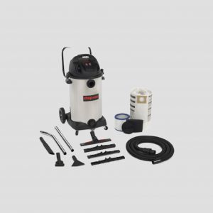 an 80-litre stainless steel shop vac vacuum cleaner and accessories on a grey background