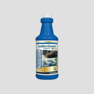 a blue bottle of chemspec leather cleaner and restorer on a grey background