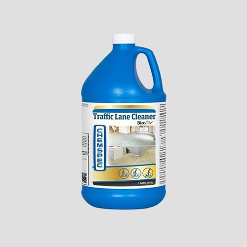 a blue 3.8-litre botle of chemspec traffic lane cleaner on a grey background