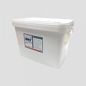 a 10kg tub of dry carpet cleaning powder on a grey background