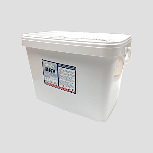 a 10kg tub of dry carpet cleaning powder on a grey background
