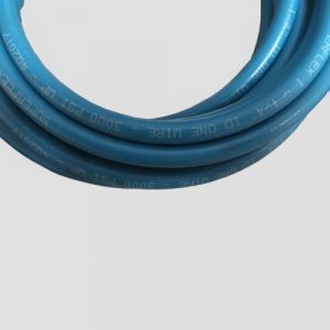 a close up of a blue high pressure hose
