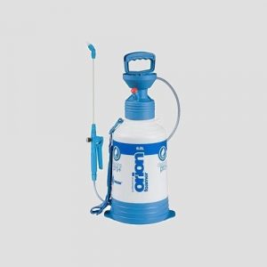 A blue and white kwazar orion foaming sprayer with a 6-litre tank capacity on a grey background