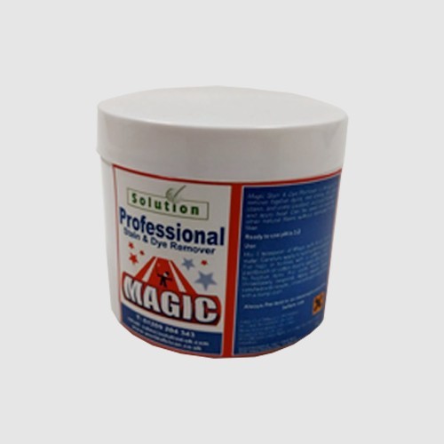 a small tub of magic professional stain and dye remover on a grey background