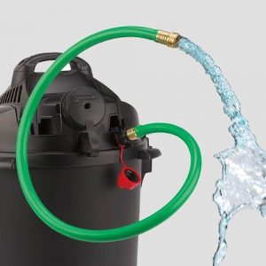 a shop-vac pumpvac pumping water out of a green hose pipe