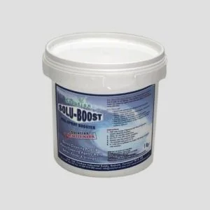 a one-kilogram tub of solution's solu-boost pre-spray booster on a grey background