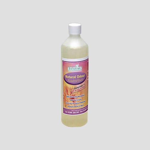a 500ml bottle of solution's natural odour neutraliser on a grey background