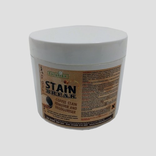 a 200g tub of stain break stain remover on a grey background
