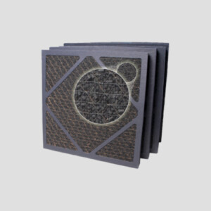 three carbon fibre air filters on a grey background